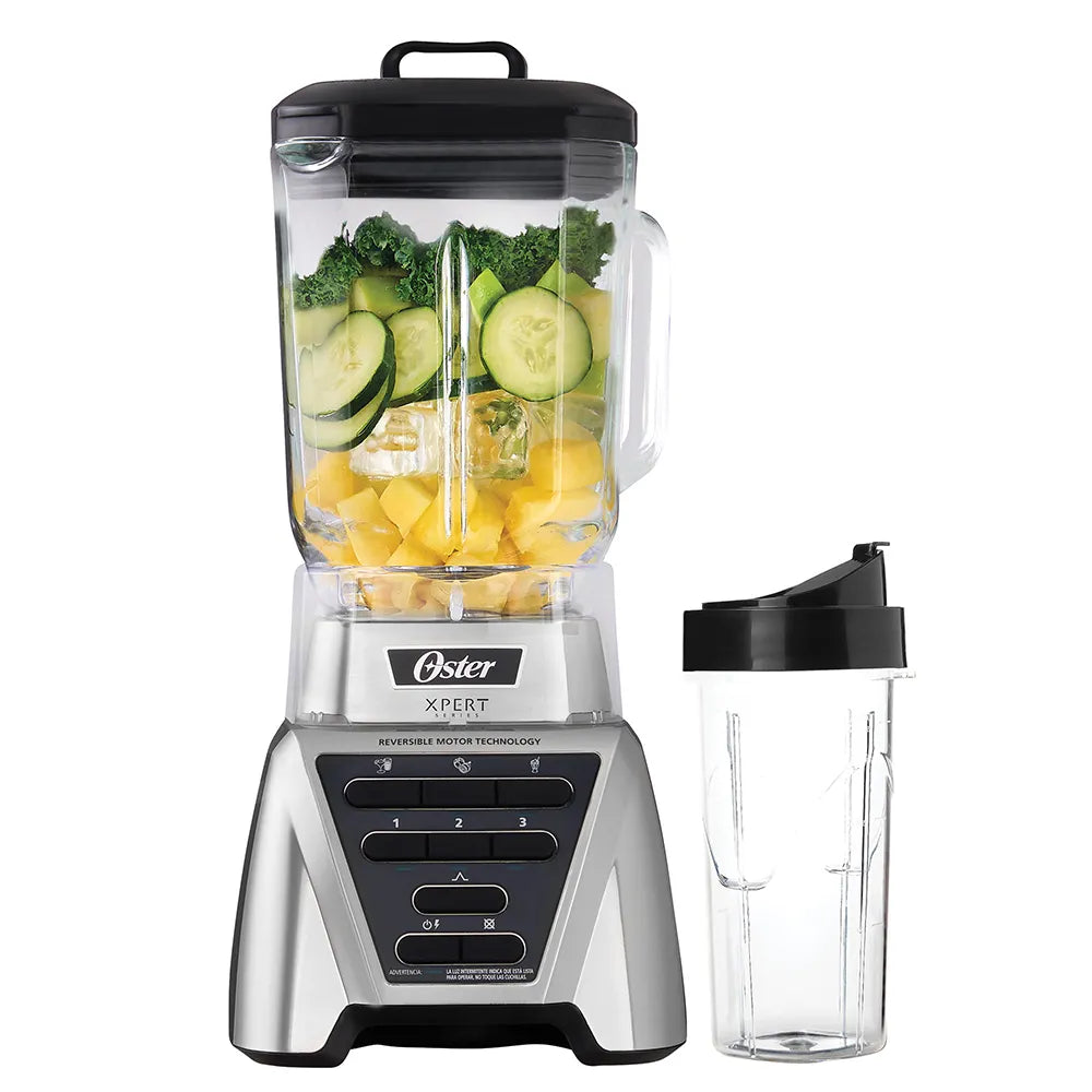 Oster Licuadora, Xpert Series, Vaso de Vidrio de 2L, Potente Motor Reversible de 1500 W, 3 Programas Automáticos, Vaso Portátil, Plateado, BLST3A-CPG