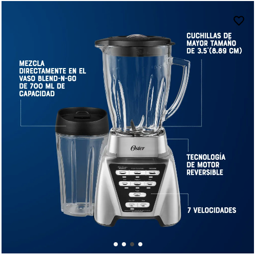 Oster® Licuadora Pro 1200, con 7 Velocidades, 3 Programas Automáticos, Vaso Blend-N-Go™, Vaso de Vidrio, Níquel, BLSTMBCBG000