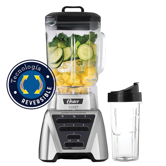 Oster Licuadora, Xpert Series, Vaso de Vidrio de 2L, Potente Motor Reversible de 1500 W, 3 Programas Automáticos, Vaso Portátil, Plateado, BLST3A-CPG