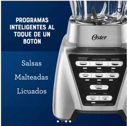Oster® Licuadora Pro 1200, con 7 Velocidades, 3 Programas Automáticos, Vaso Blend-N-Go™, Vaso de Vidrio, Níquel, BLSTMBCBG000